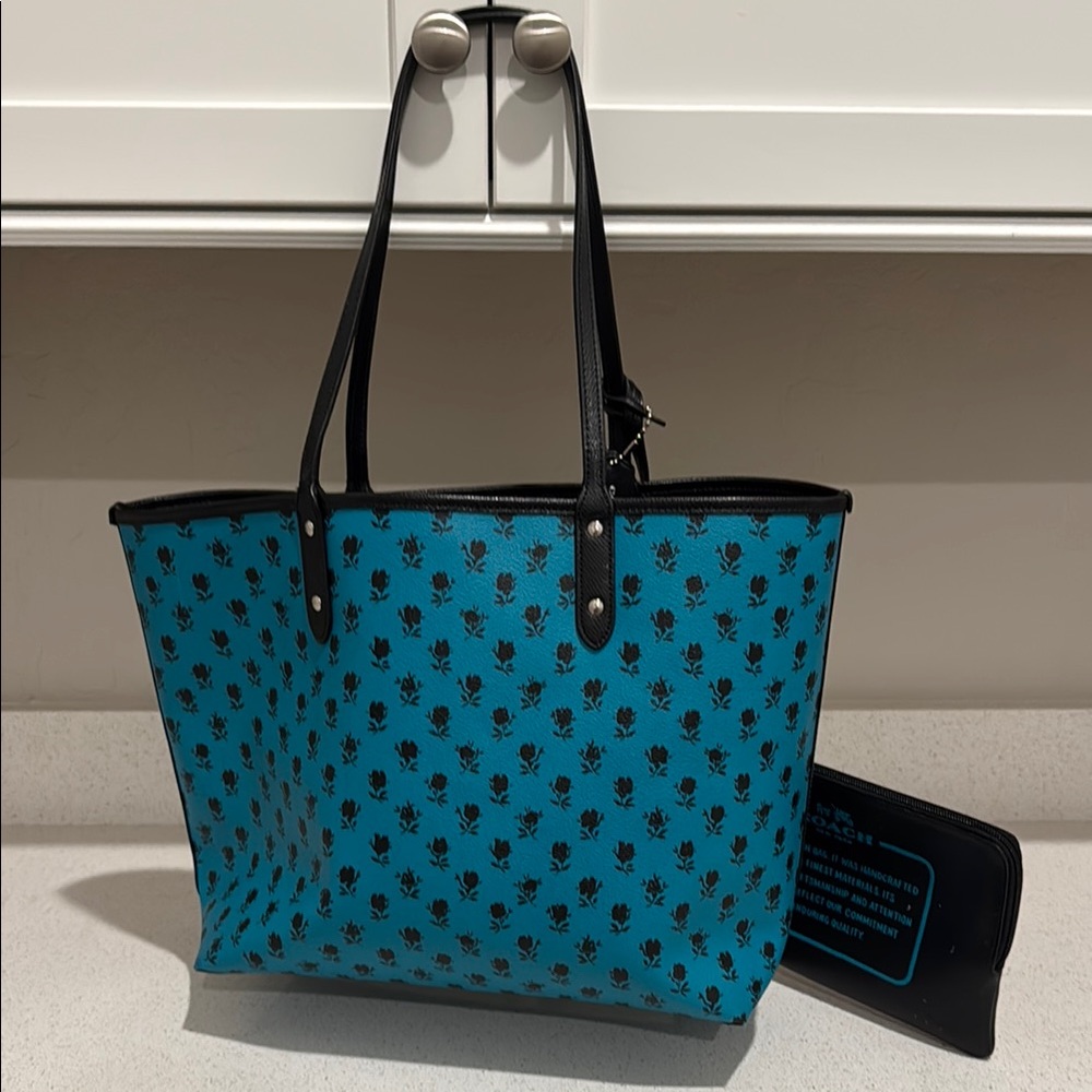 Coach Blue and Black Floral Tote - Picture 2 of 8